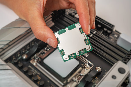 A person is carefully holding a computer processor above a motherboard socketの写真素材