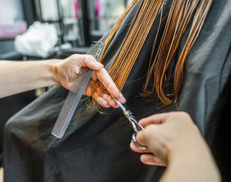 Hairstylists hands meticulously cutting a clients wet, reddish-brown hairの写真素材