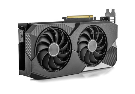High-performance black dual-fan graphics card isolated on a white background