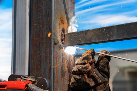 Close-up of a worker welding metal beams outdoors