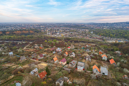Aerial panoramic view of a rural village with houses