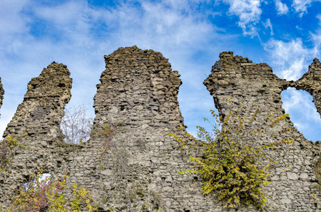 Weathered stone wall ruins of an ancient castleの写真素材