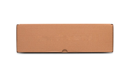 A closed long brown rectangular cardboard box lies flat isolated on a white background