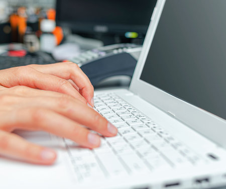 A persons hands typing on a white laptop keyboardの写真素材