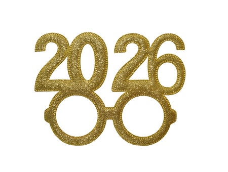 Gold glitter eyeglasses with the year 2026 for a New Years celebration on a white.