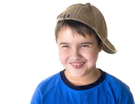 Portrait of happy joyful beautiful little boy isolated on white background の写真素材