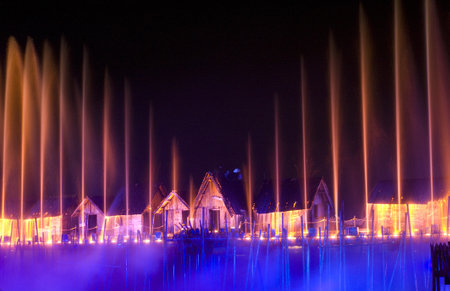 SINGAPORE - AUGUST 23:Laser show, Songs of the sea. It is performed on beach area of Sentosa Island in Singapore. Show using water, light and fire. August 23, 2011 in Singapore.のeditorial素材