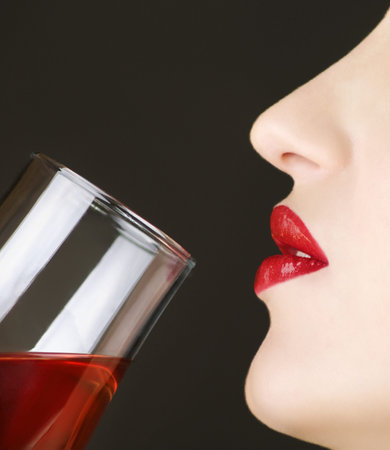 Closeup of silhouette  beautiful female lips drinking wine from a glass 