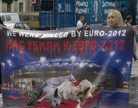 KHARKIV, UKRAINE MAY 16 Organised rally protect of animals while Public demonstration of the cup UEFA on the Freedom Square  in Kharkiv, Ukraine on May 16, 2012   のeditorial素材