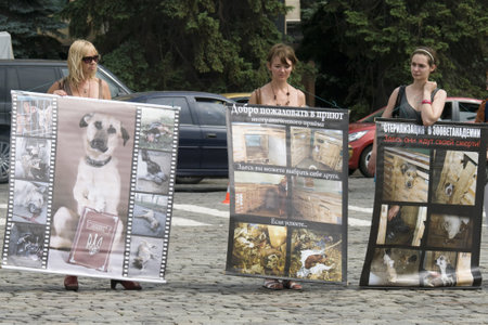 KHARKIV, UKRAINE MAY 16 Organised rally protect of animals while Public demonstration of the cup UEFA on the Freedom Square  in Kharkiv, Ukraine on May 16, 2012   のeditorial素材