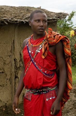 MAASAI MARA, KENYA-DECEMBER 27  Maasai in traditional clothes 27 December, 2012 at Maasai Mara, Kenya  The Maasai are the most famous tribe in Africa  のeditorial素材