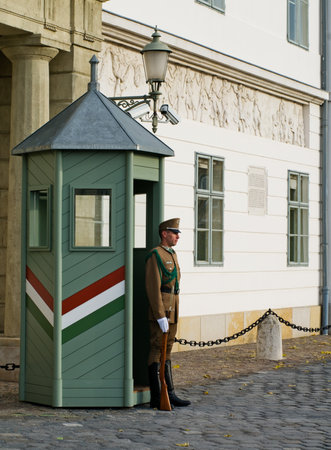 BUDAPEST- NOV 11: Guard at the Presidential palace on Nov 11, 2012.This military tradition has been revived  in 2003, when the Hungarian president moved to the Sandor Palace in the Buda Castle district.のeditorial素材