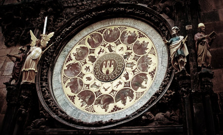 Old medieval astronomical clock in Czech capital Pragueのeditorial素材