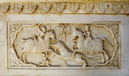 Detail of carved relief at Gatore Ki Chhatriyan in Jaipur, Rajasthan, India. の写真素材