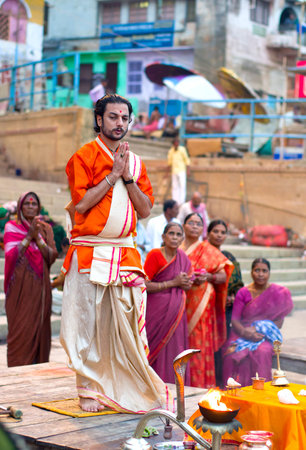 VARANASI, INDIA-01 OCT : A Hindu priest performs the religious ritual on 01 Oct, 2013 in Varanasi....