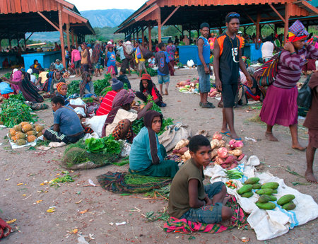 NEW GUINEA, INDONESIA-DEC 28: Green vegetable displayed for sale at a local market in Wamena,on New Guinea Island, Indonesia on December 28, 2010.のeditorial素材