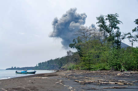 Boat near Anak Krakatau. Volcano eruption. Indonesia の写真素材