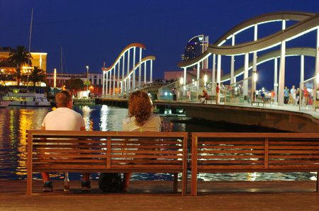 BARCELONA, SPAIN - JULY 10, 2014: Marina Port Vell and the Rambla del Mar at dusk in Barcelona, Catalonia, Spain on July 10, 2014. のeditorial素材