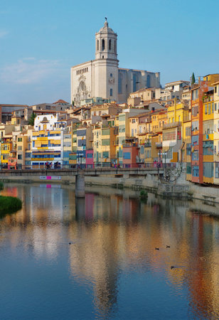 GIRONA, SPAIN - JULY 25: View of Girona - Gothic Cathedral and historical jewish quarter in July 25, 2014 in Girona, Spain. のeditorial素材