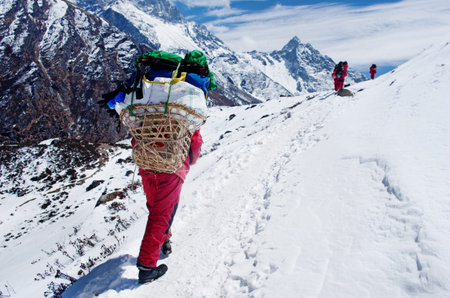 Porters with heavy load at the in Sagarmatha national park , Nepal 