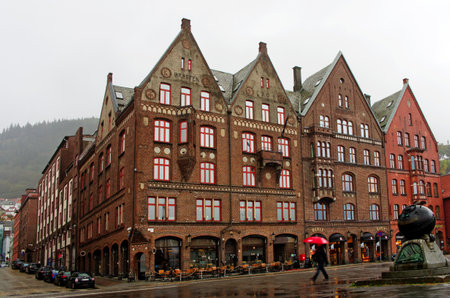BERGEN, NORWAY -SEPT 25, 2014:Historical buildings on the street in Bergen on Sept 25, 2014, Norwayのeditorial素材