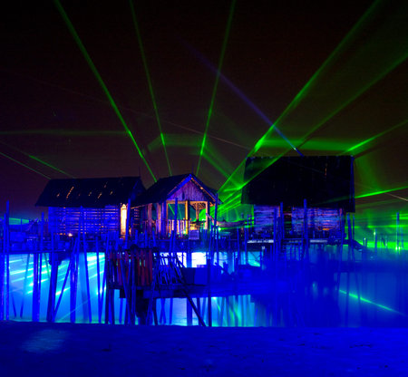 SINGAPORE - AUGUST 23:Laser show, Songs of the sea. It is performed on beach area of Sentosa Island in Singapore. Show using water, light and fire. August 23, 2011 in Singapore.のeditorial素材