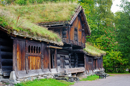 Traditional Norwegian House with grass roof. The Norwegian Museum of Cultural History, Oslo.のeditorial素材