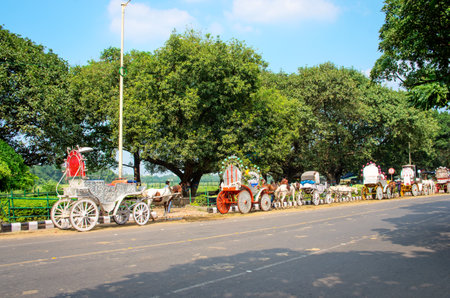 KOLKATA, INDIA - OCT 06:Horses harnessed to the carriage wait for tourist on the street on October 06, 2014 in Kolkata, India.のeditorial素材
