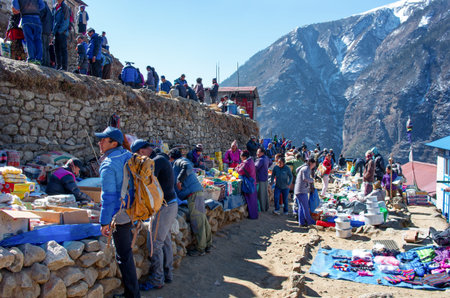 NAMCHE BAZAR,NEPAL-MARCH 7: Traditional Saturday market  in  Namche Bazar  on March 7,2014 Khumbu district, Himalayas, Nepalのeditorial素材
