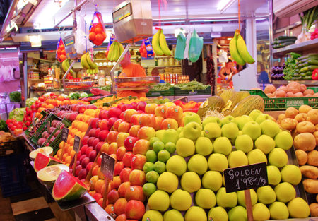 BARCELONA, SPAIN - JULY 09, 2014: Famous La Boqueria market - one of the oldest markets in Europe.のeditorial素材