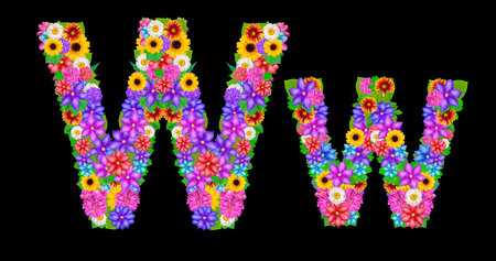 Flower alphabet isolated on blackの写真素材