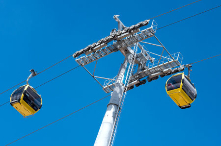 LA PAZ, BOLIVIA - APR 03, 2015: Cable cars carry passengers in La Paz. Aerial cable car of urban transit system opened in 2014 in the Bolivian city of La Paz.のeditorial素材