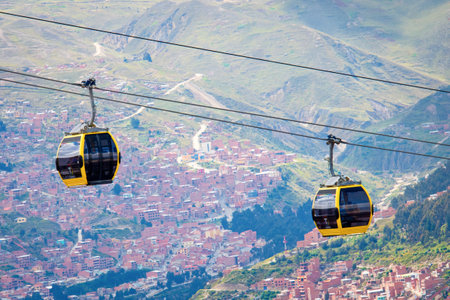 LA PAZ, BOLIVIA - APR 03, 2015: Cable cars carry passengers in La Paz. Aerial cable car of urban transit system opened in 2014 in the Bolivian city of La Paz.のeditorial素材