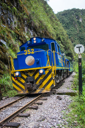 AGUAS CALIENTES, PERU - MARCH 14, 2015: Train connecting Cusco and Machu Picchu in Peruのeditorial素材