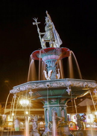 Inca fountain in the Plaza de Armas of Cusco, Peruのeditorial素材