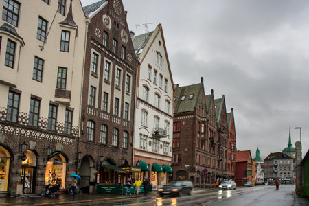 BERGEN, NORWAY -SEPT 25: Historical buildings on the street in Bergen on Sept 25, 2014, Norwayのeditorial素材