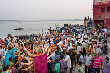 VARANASI, INDIA-03 OCT, 2014: An annual Hindu festival in South Asia that celebrates worship of the Hindu goddess Durga at Dashashwamedh Ghat on the banks of the river Ganges in Varanasiのeditorial素材