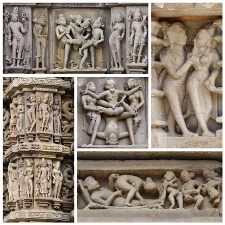 Set of stone carved erotic bas-relief in Hindu temple in Khajuraho, India. の写真素材