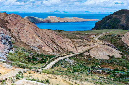 Landscape on Island of the Sun Isla Del Sol on Titicaca lake. Bolivia.の写真素材