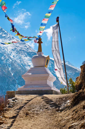 Buddhist stupa in mountains, Everest region, Nepalの写真素材