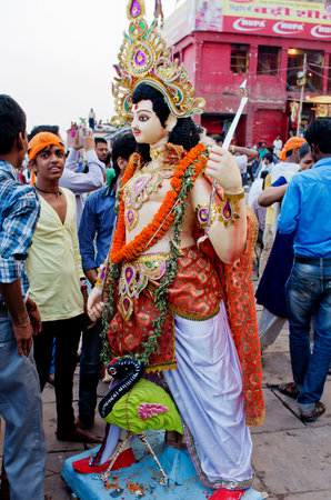 VARANASI, INDIA-03 OCT, 2014: An annual Hindu festival in South Asia that celebrates worship of the Hindu goddess Durga at Dashashwamedh Ghat on the banks of the river Ganges in Varanasiのeditorial素材