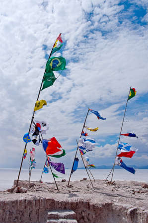 Flags in Salar de Uyuni in Boliviaの写真素材