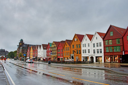 BERGEN, NORWAY -SEPT 25, 2014:Historical buildings on the street in Bergen on Sept 25, 2014, Norwayのeditorial素材