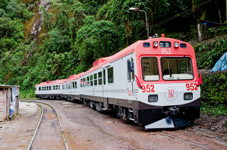 AGUAS CALIENTES, PERU - MARCH 14, 2015: Train connecting Cusco and Machu Picchu in Peruのeditorial素材
