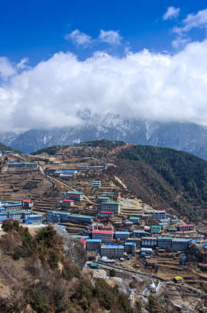 View on Namche Bazar in  Khumbu district, Himalayas, Nepalの写真素材