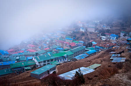 View on Namche Bazar in  Khumbu district, Himalayas, Nepalの写真素材