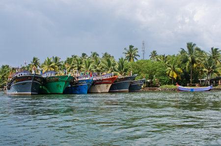 Kerala, India - October 17: Indian fishing boats  in Kerala on October 17, 2014.のeditorial素材