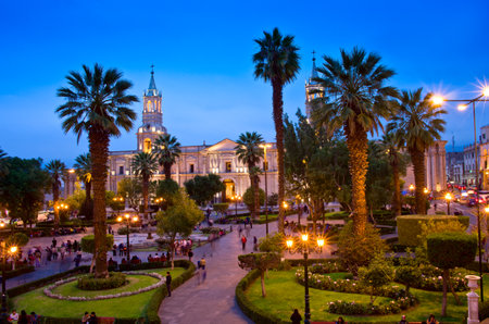 Arequipa, Peru on 12 Apr, 2015: Cathedral of Arequipa in the evening, Peruのeditorial素材