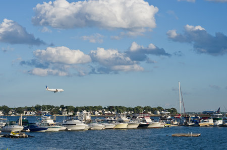Boston, Massachusetts, USA- August 14, 2016: View of  harbor and Logan international airport  in Boston, Massachusetts, USAのeditorial素材