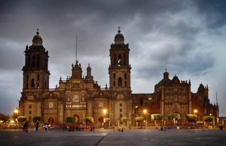 Mexico City, Mexico - November 15, 2016: Cathedral on Zocalo at the dusk, Mexico City, Mexicoのeditorial素材